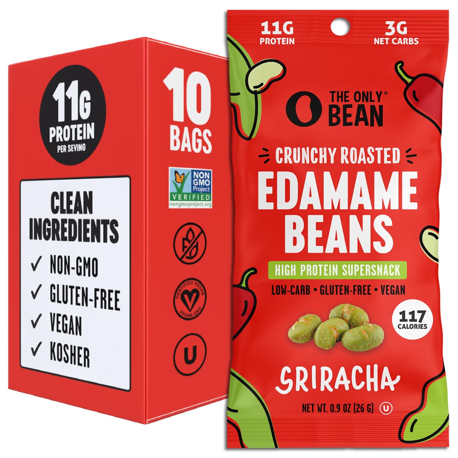 The Only Bean Crunchy Roasted Edamame Snacks Pack (Sriracha), Protein Keto Food, Gluten Free, Asian Japanese Snacks, Hot Spicy Snack, 0.9oz 10 Pack