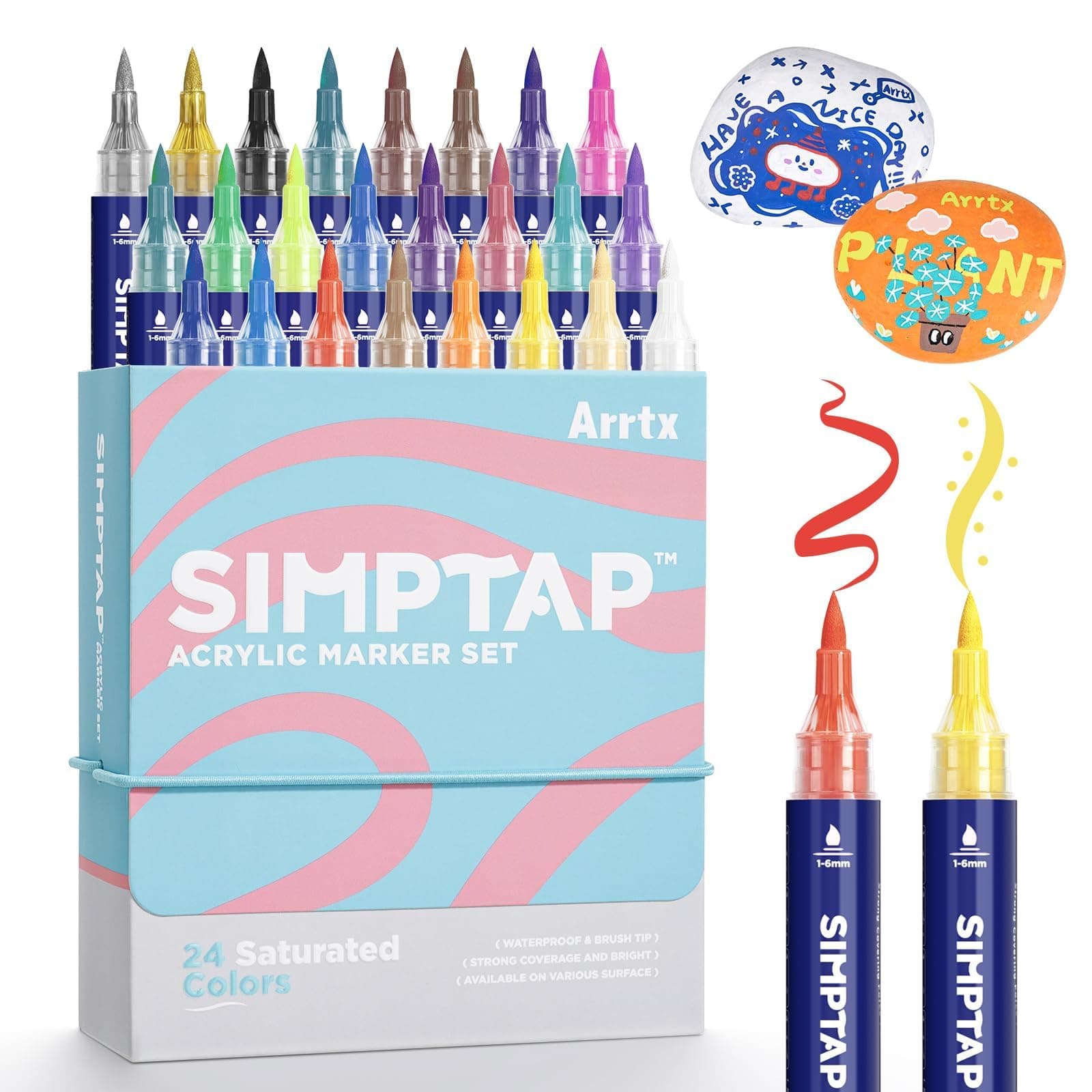 Acrylic Markers,Simptap Series,Strong Coverage,Brush Tip Acrylic Paint Markers for Rock Painting,DIY Craft,Wood,Glass-24 Color/Pack