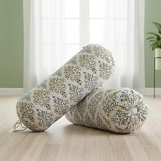 HOMEMONDE Cotton Bolster Round Cushion Covers 16 X 32 Inches For Living Room Decoration (Yellow Ikat)