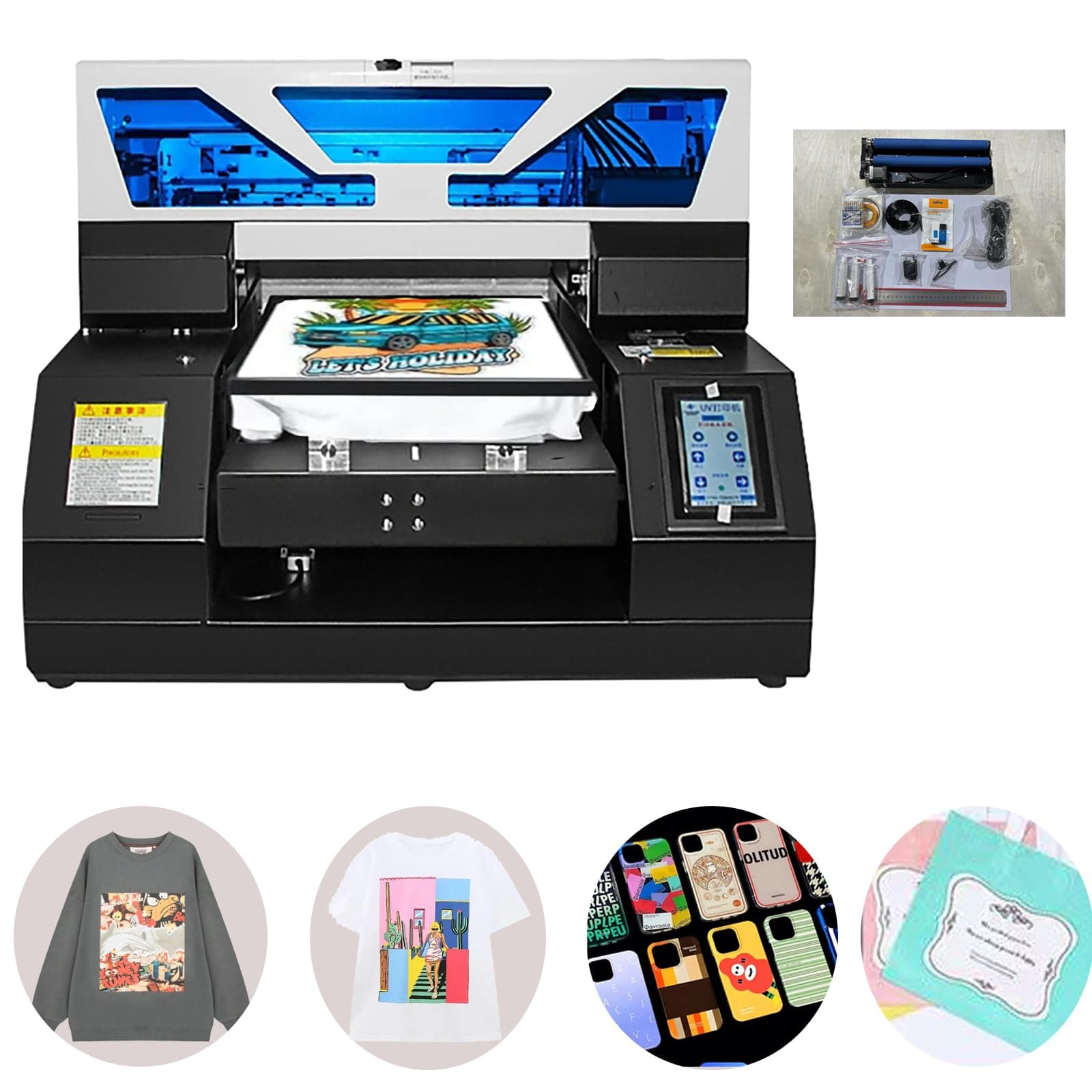 DTG Printer A4 L1800 UV DTG Printer T-Shirt Machine Higher Resolution 2880 x1440dpi with Vacuum Platform and Bottle Holder for T-Shirt Printing Glass Cups Acrylic Leather Stickers