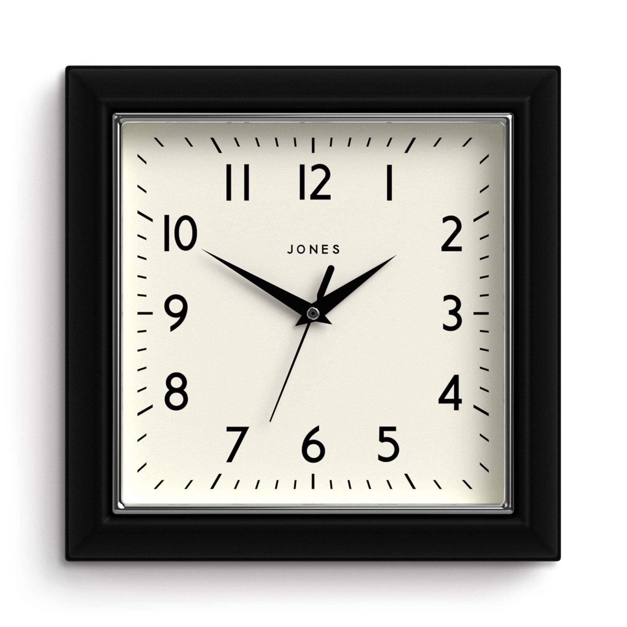 JONES CLOCKS® Mustard Wall Clock | Square Retro Clock | 10 inch | Black | Easy to Read Numbers | Perfect for Kitchen or Office