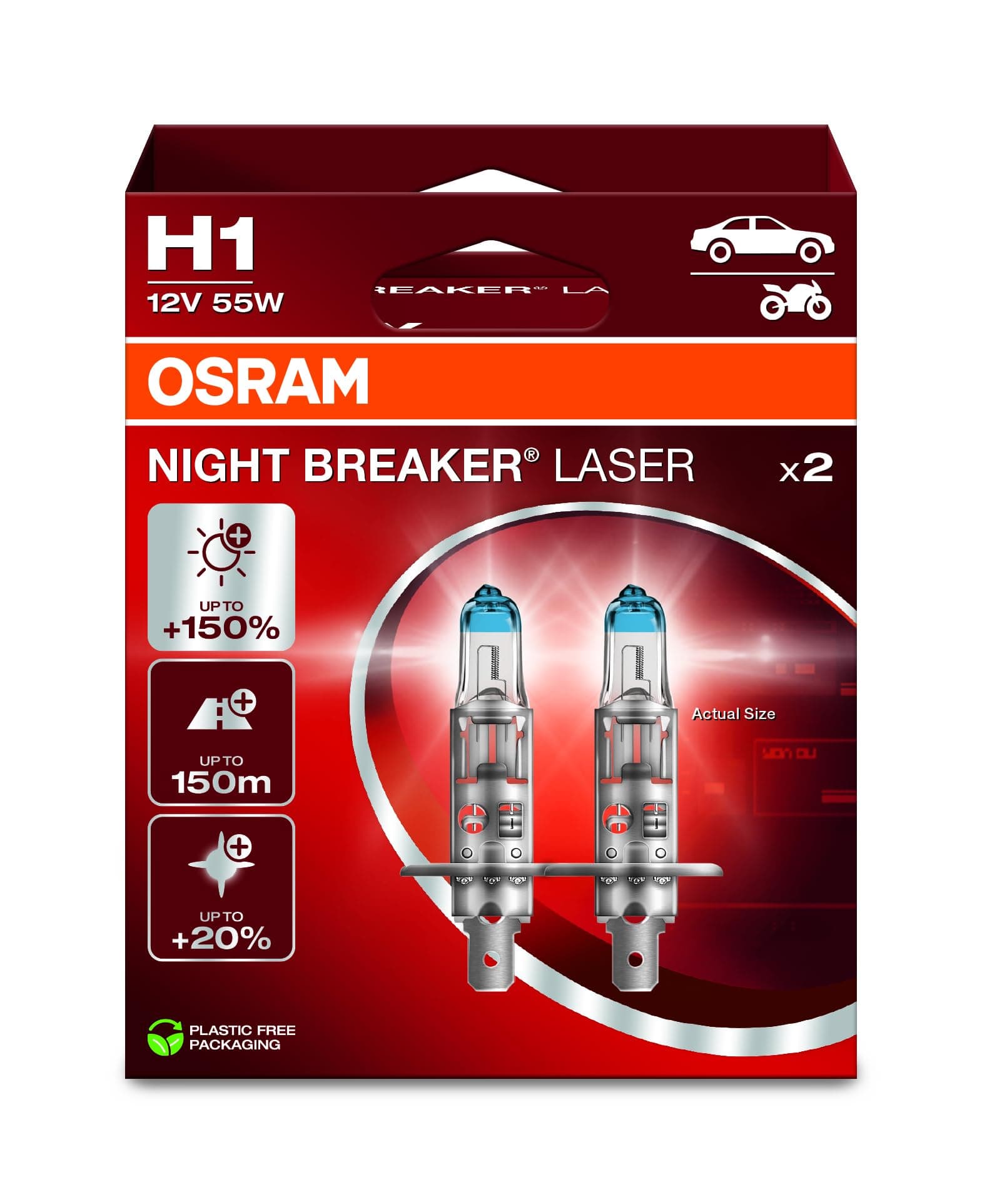 NIGHT BREAKER LASER H1, +150% more brightness, halogen headlight lamp, 64150NL-2HB, 12V, Hanging folding box (2 lamps)