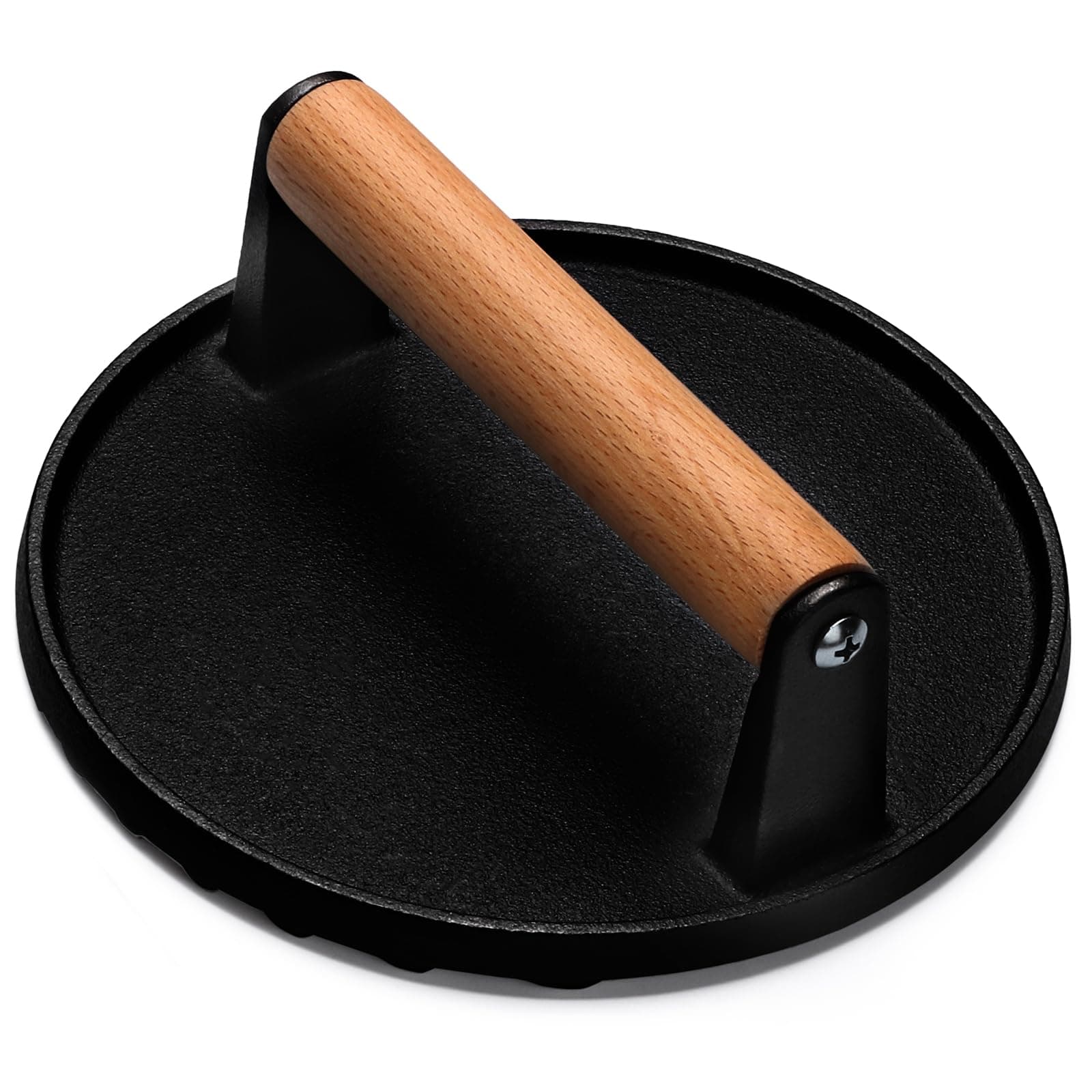 Burger Press, 7" Round Heavy-Duty Cast Iron Smash Bacon Press Meat Steak with Wood Handle for Griddle, Sandwich, Nonstick Pan
