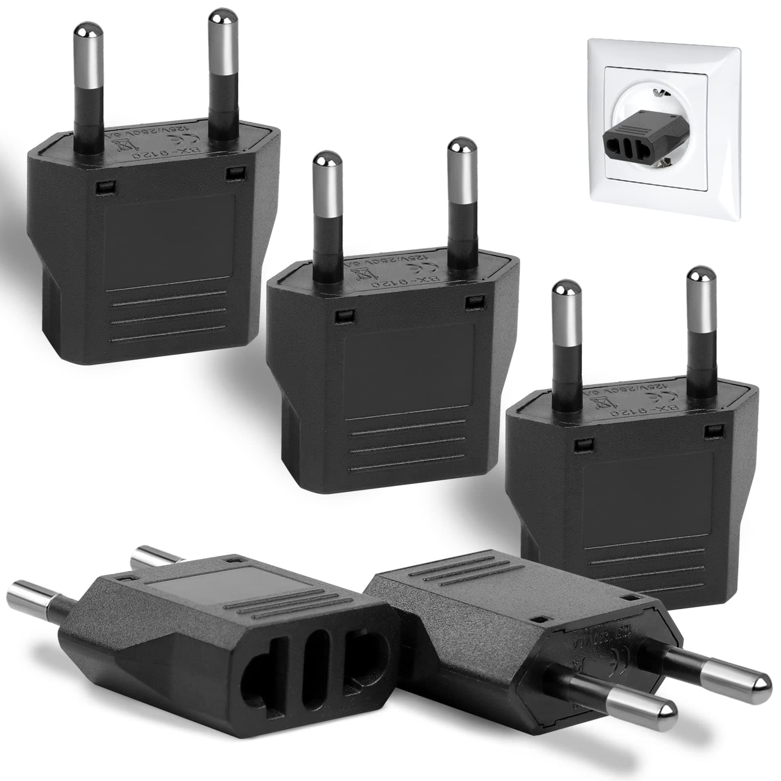 6 Pack US to Europe Plug Adapter, Type C European Travel Adapter, Outlet Wall Power Converter (Black)