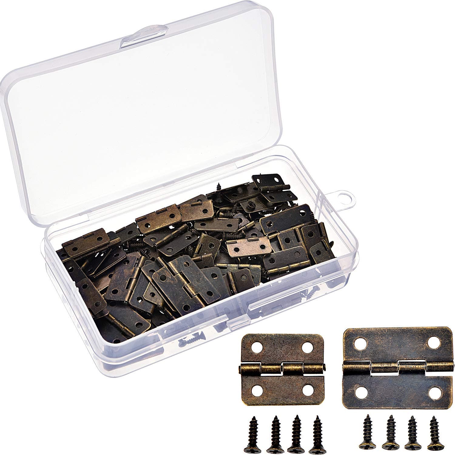 Hicarer 60 Pieces Small Hinges Retro Decorative Mini Hinges and 300 Pieces 7 mm Micro Tiny Screws with Storage Box for Dollhouse Door Cabinet Crafts Wooden Jewelry Box Outdoor Decor, 2 Sizes (Bronze)