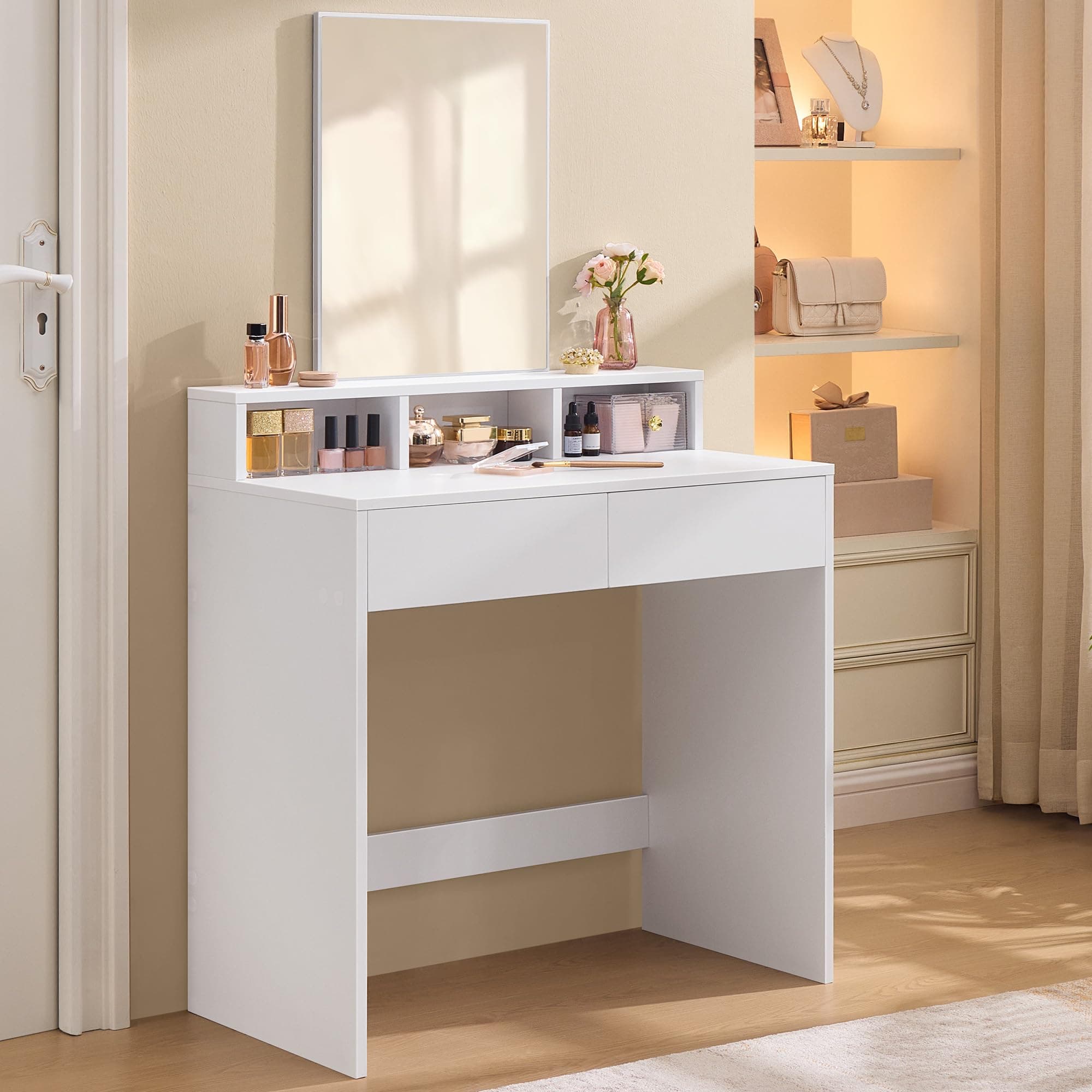 VASAGLE KAILYN Collection - Dressing Table, Vanity Table with Rectangular Mirror, 2 Drawers and 3 Compartments, Makeup Desk, Modern, Cloud White RDT113W01