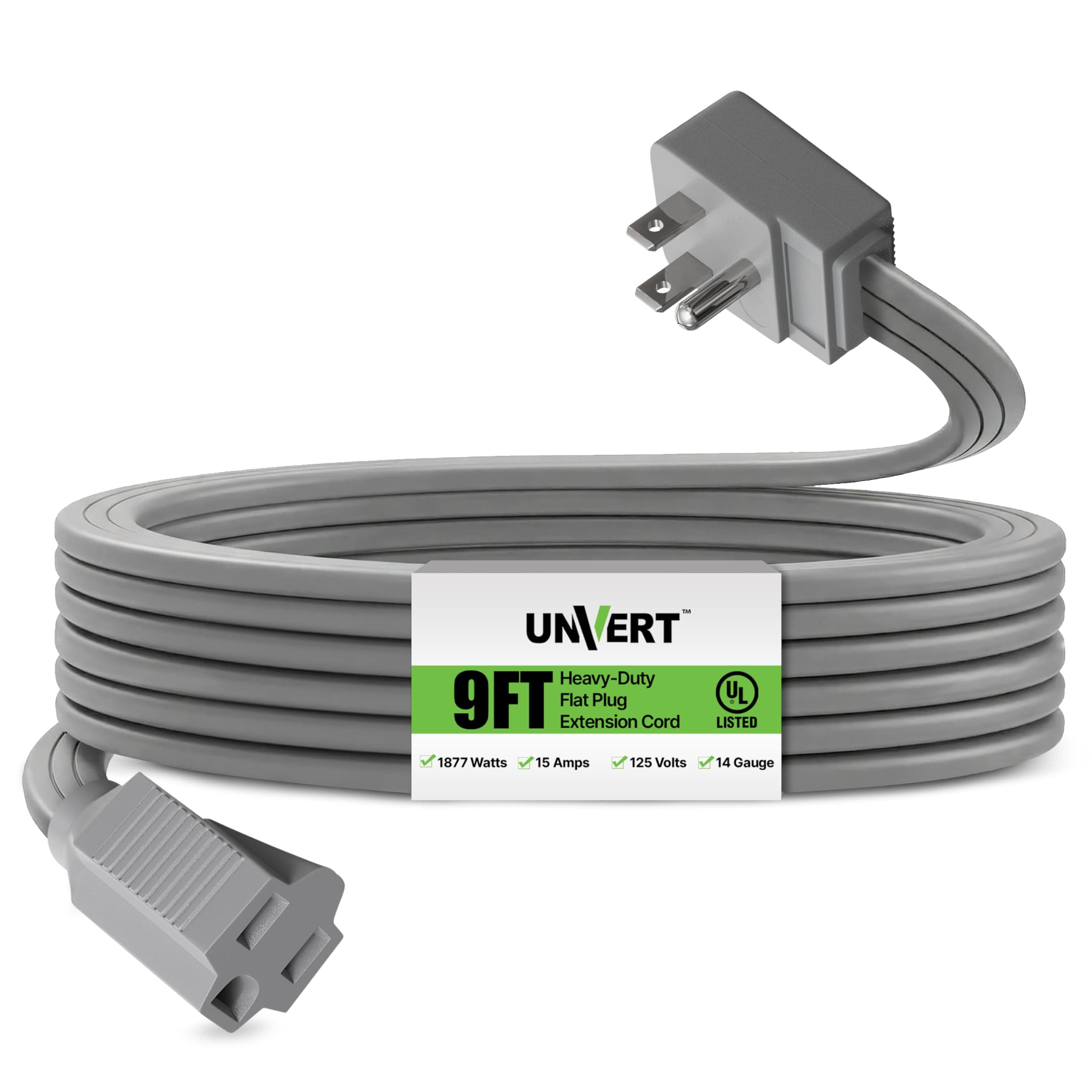 Heavy Duty Extension Cord 9 Ft Wire Gray for Air Conditioner Refrigerator and Major Appliances Indoor Use Grey 3 Pronged Cord