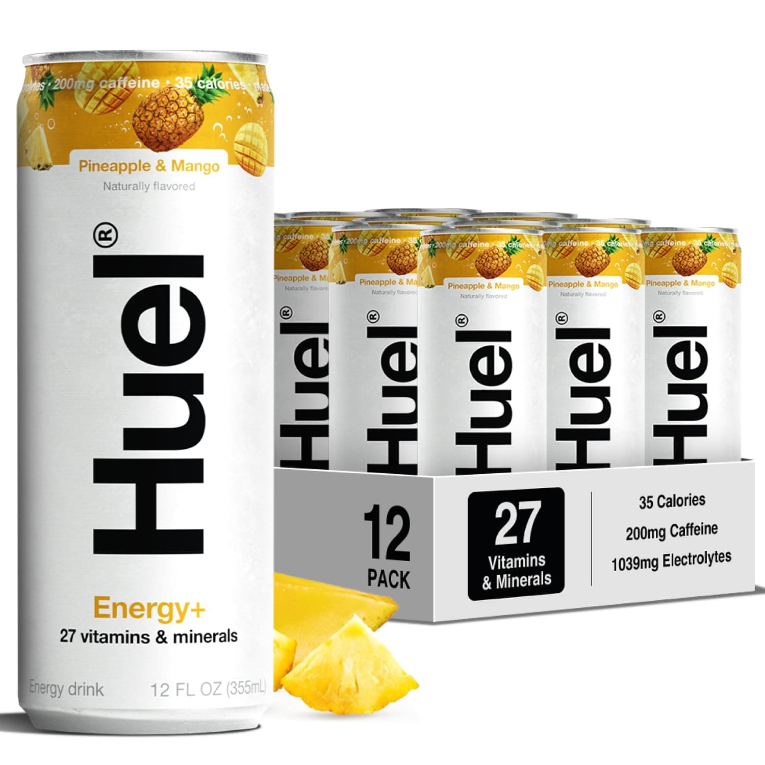 Energy+ | Pineapple & Mango Energy Drink | Refreshing Plant-Based Drink with Real Fruit | 200mg of Caffeine and 27 Vitamins & Minerals | 35 Calories per 12 FL Oz, 12 Pack