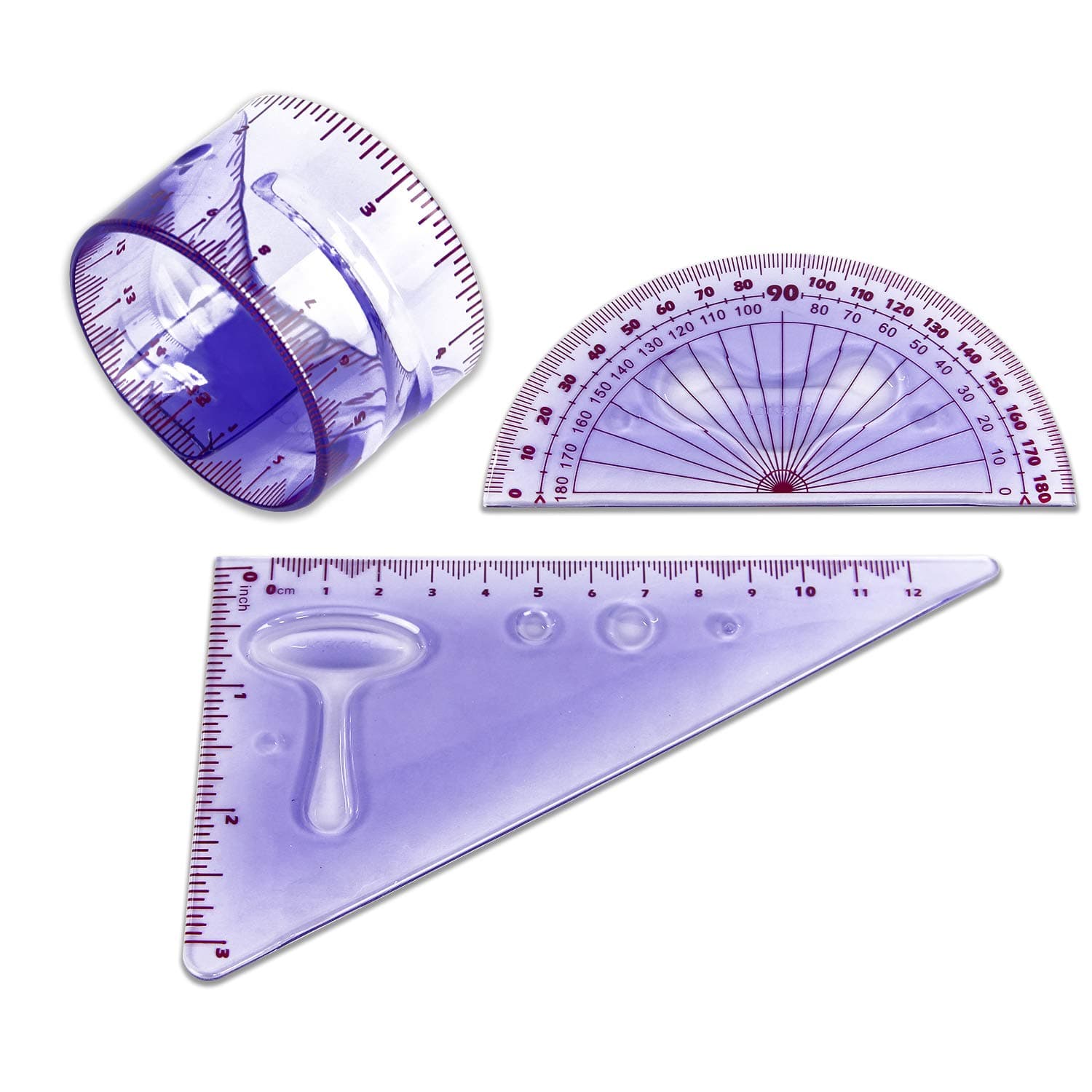 Flexible Ruler 6-Inch, 180 Degree Protractor, Triangle, 3 in 1 Pack Shatterproof Ruler, Soft Clear Plastic, Inches and Metric for Office or School, Purple by Larkpad