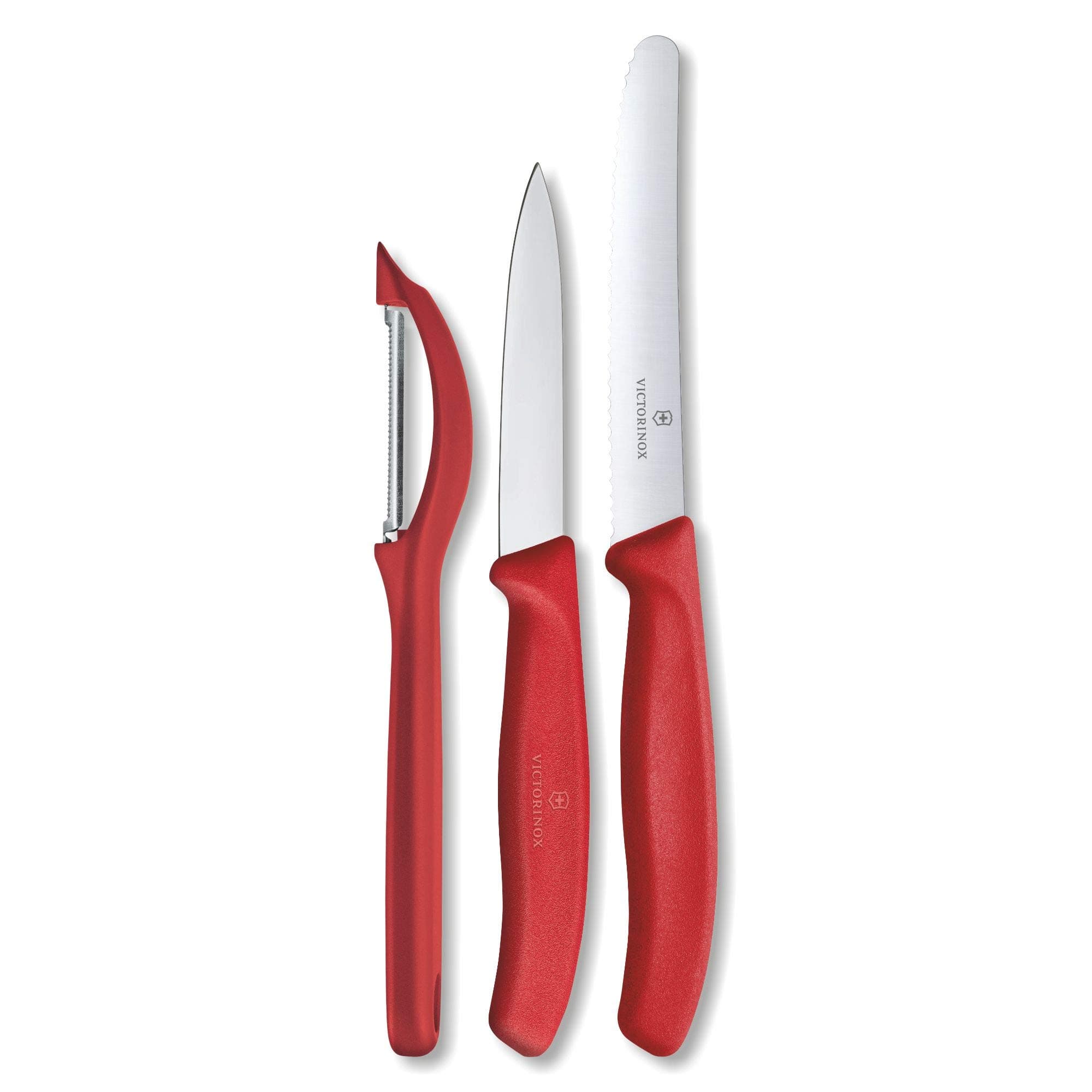Swiss Classic Paring Knife Set with Peeler - Includes a Straight Edge & Serrated Paring Knife, & Fruit & Vegetable Peeler - Red Handle, 3-Piece Set