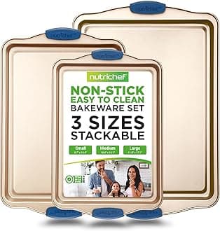 NutriChef ノンスティック耐熱皿3点セット - プレミアムカーボンスチールオーブンベーキングトレイ ブルーシリコンハンドル付き - S、M&L クッキーシートパン - PFOS、PFOA、PTFEフリー、お手入れ簡単