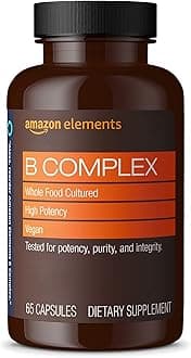 Amazon Elements - B Complex, High Potency, 83% Whole Food Cultured, Supports Immune and Normal Energy Metabolism, Vegan, 65 Capsules, b Complex Vitamins, 2 month supply (Packaging may vary)