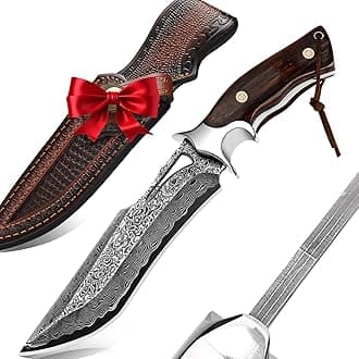 Damascus Hunting Knife, 10.4" Handmade Bowie Knife with Sheath, Real Damascus Steel Knives with VG10 Core &Wood Handle, Fixed Blade Knives for men women, Tactical, Survival, Camping, Gifts for Men Women
