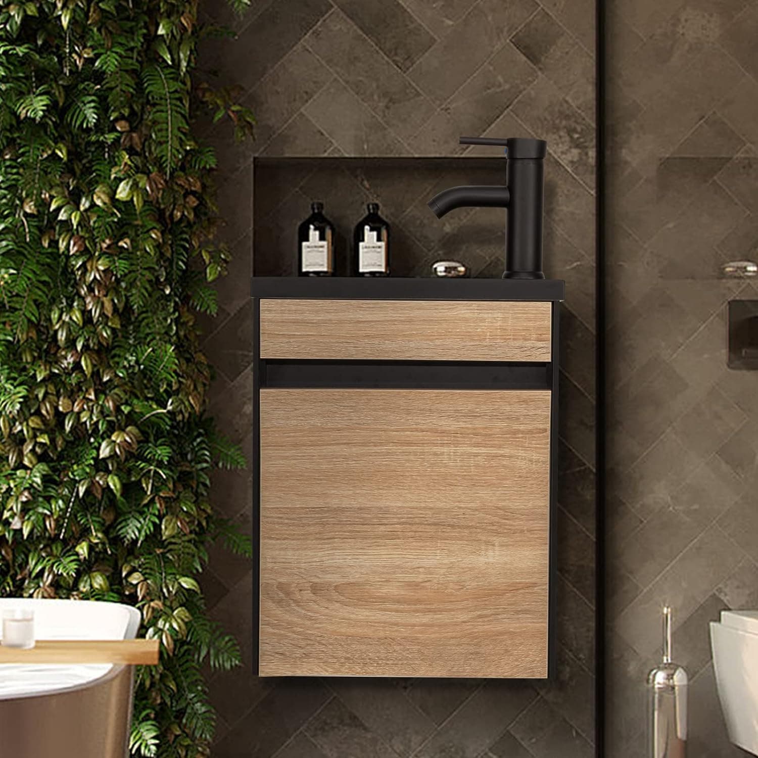 UEV 16" Small Bathroom Vanity, Black & Natural Mixed with Ceramic Sink, Frosted Black Faucet P-Trap (Wall Mounted)