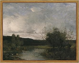 ARPEOTCY Vintage Framed Canvas Wall Art, Rural River Scenery Landscape Paintings Art Decor Aesthetic, Retro Country Nature Wall Pictures for Room Decoration, 8x10 Inch