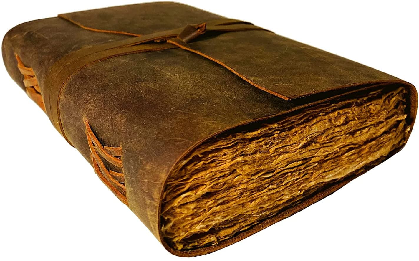 Vintage Leather Journal - 200 Pages Deckle Edge Rustic Paper - Unlined Pages Book of Shadows, Grimoire, Junk Notebook, Fantasy Medieval Gifts, Sketchbook, Antique Scrapbook (12"x9")