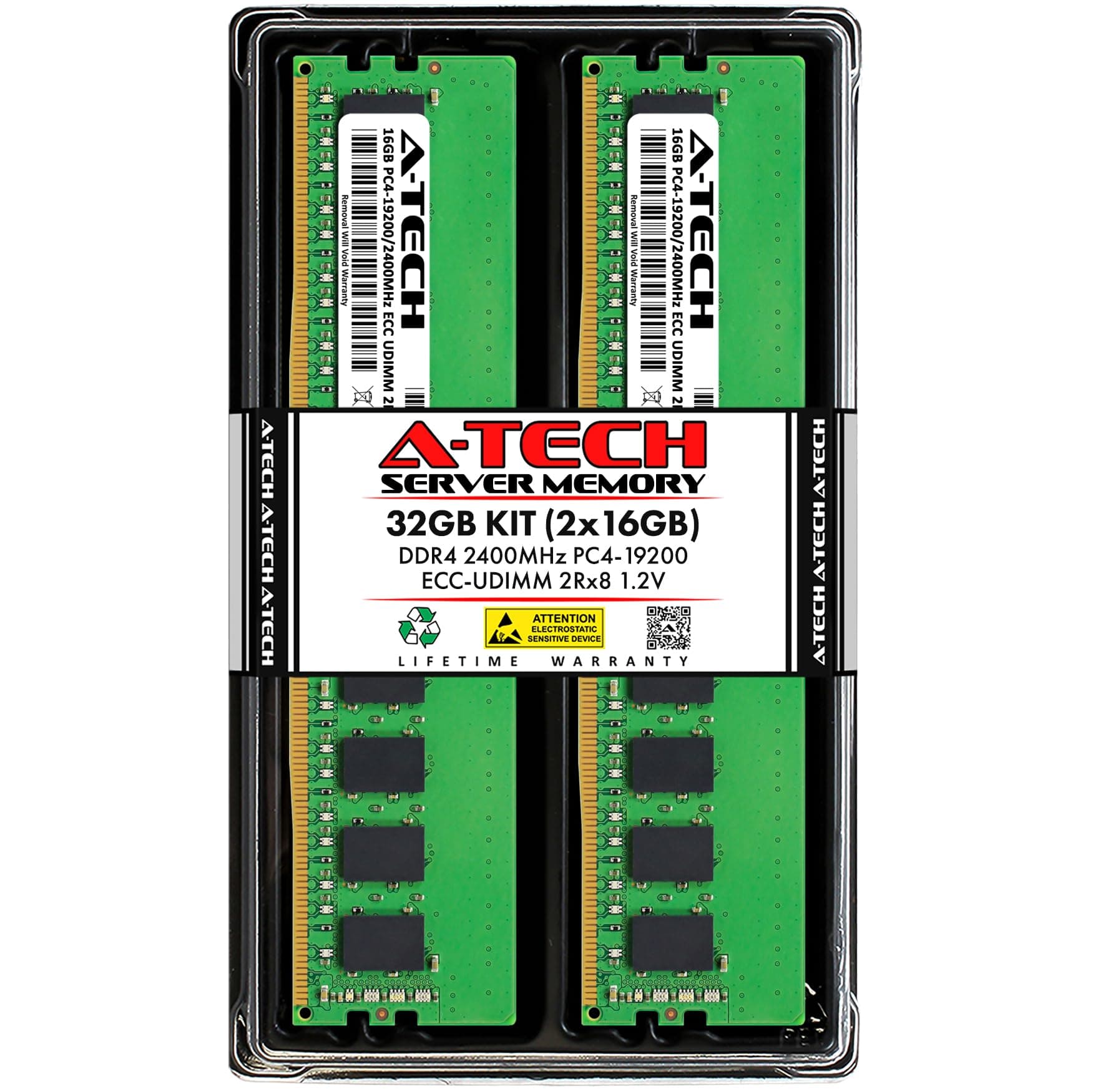 Server 32GB Kit (2x16GB) DDR4 2400MHz PC4-19200 ECC UDIMM 2Rx8 Dual Rank 1.2V ECC Unbuffered DIMM 288-Pin Server & Workstation RAM Memory Upgrade Modules (A-Tech Enterprise Series)