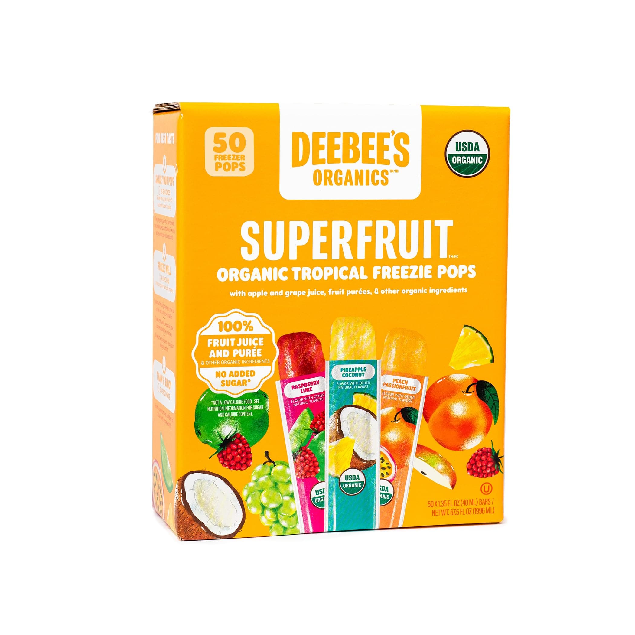 DeeBee's Organics Tropical SuperFruit Freezie Pops, No Added Sugars, No Artificial Flavors or Colors (Pack of 50)
