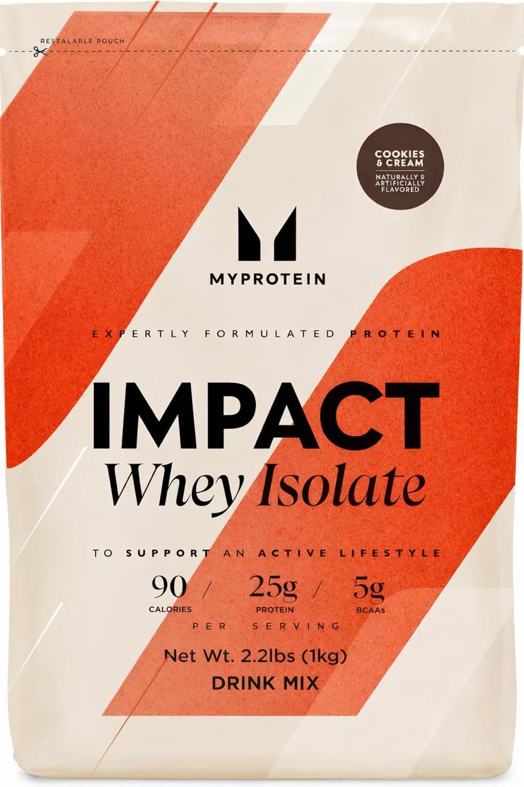 Impact Whey Protein Isolate, 2.2 Lbs (40 Servings) Cookies & Cream, 19g Protein, 3.5g Glutamine & 4.5g BCAA Per Serving, Protein Shake for Muscle Strength & Recovery