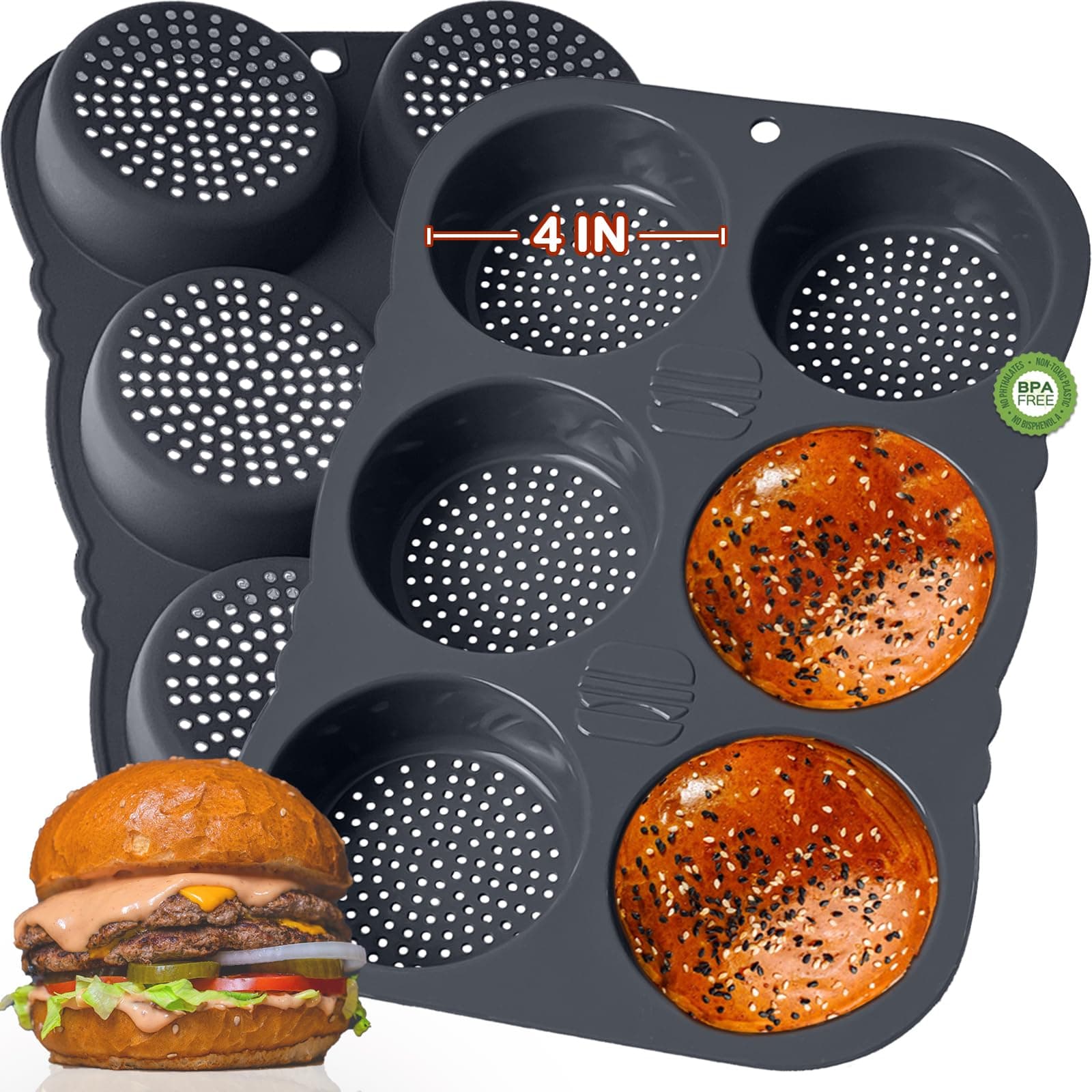 Hamburger Bun Pan, 4 Inch Silicone Hamburger Bun Mold, 6 Cup Big Baking Pan for Homemade Hamburger Buns, Dishwasher Safe