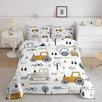 Feelyou Cartoon Car Kids Comforter Set Construction Bedding Set for Boys Toddler Decor Equipment Trucks Comforter Cartoon Car Excavator Tractor White Yellow Duvet Set 2Pcs Twin with 1 Pillow Case