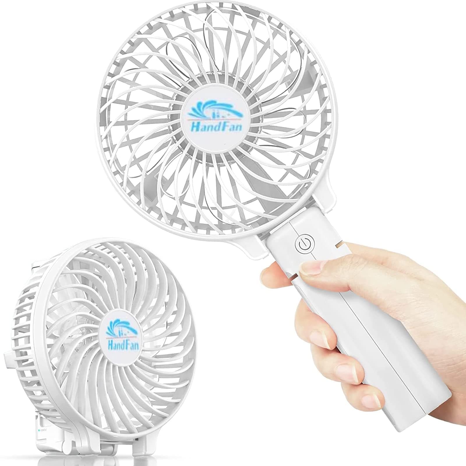 Mini Handheld Fan, Rechargeable Small USB Desk Table Fan with 2000mAh Battery Operated Powerful 3 Speeds, Foldable Portable Electric Personal Fan Quiet for Home Office Travel Outdoor (White)