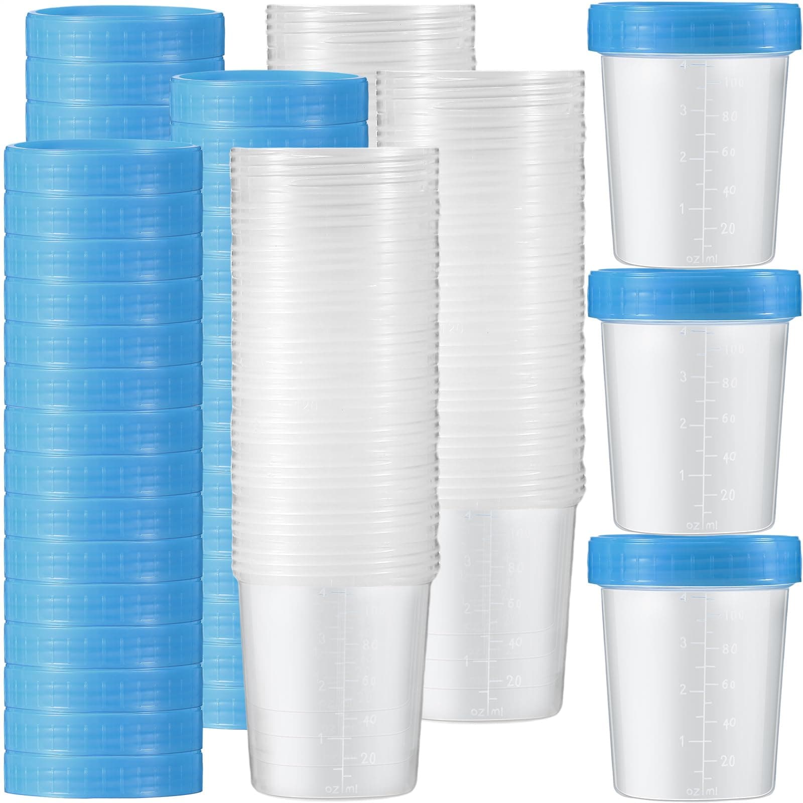 Geiserailie 100 Pcs Disposable Specimen Cup Urine Pee Cups for Testing 4oz Specimen Container with Leak Proof Screw on Lids for Safe Urinalysis Pee Stool Sample Collection Analysis (Blue)