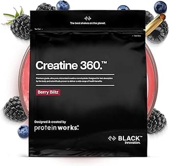Protein Works | Creatine 360 - Black Innovation, Creatine Monohydrate, Micronised Creatine Powder, 100% Purity, 200 Mesh Ultra Fine Creatine, Energy & Performance, Berry Blitz, 62 Servings, 250g