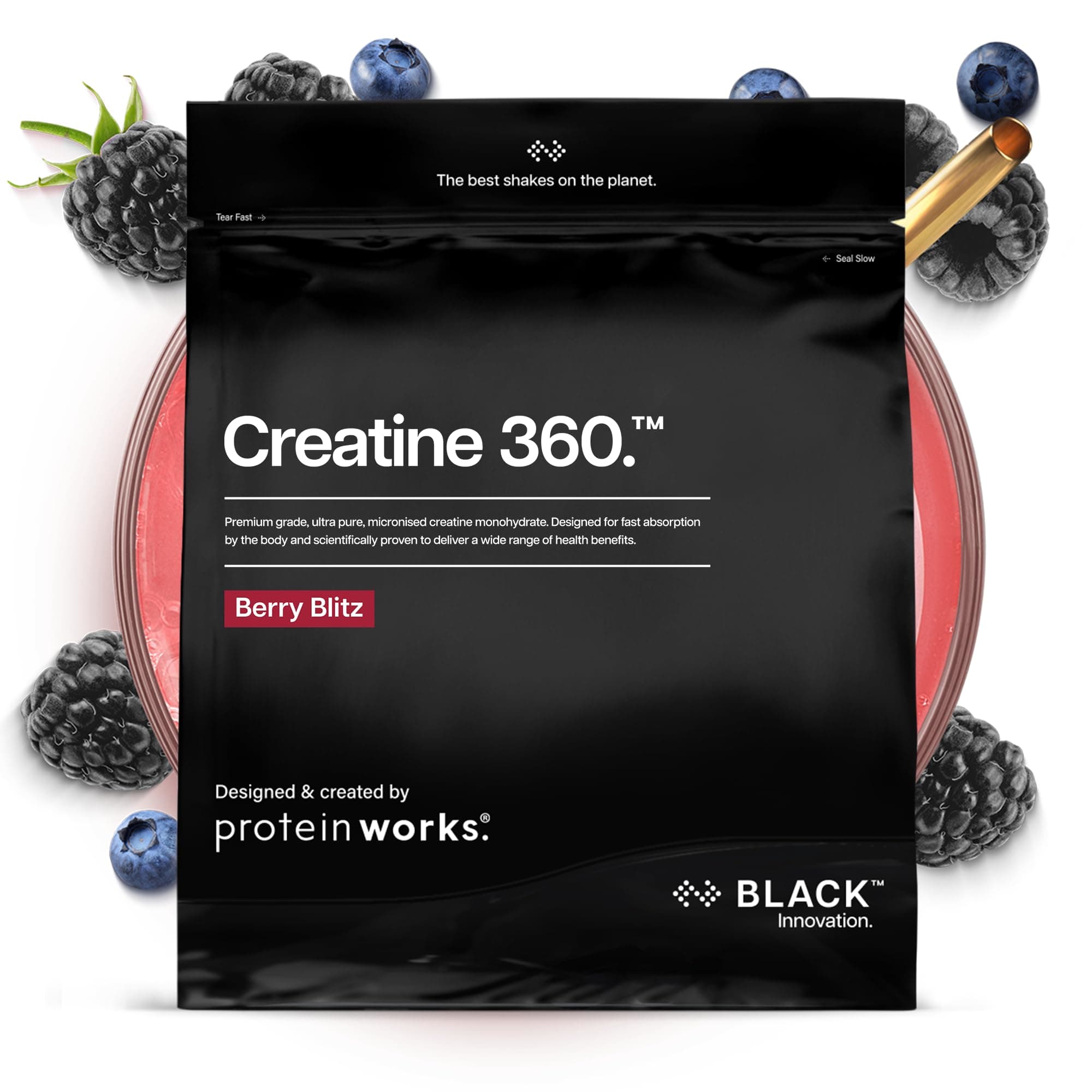 Protein Works | Creatine 360 - Black Innovation, Creatine Monohydrate, Micronised Creatine Powder, 100% Purity, 200 Mesh Ultra Fine Creatine, Energy & Performance, Berry Blitz, 62 Servings, 250g
