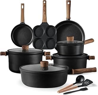 CAROTE Nonstick Cookware Sets, Pots and Pans Set Non Stick 14pcs, Titanium Induction Cookware Sets with Stay-Cool Handle, Black