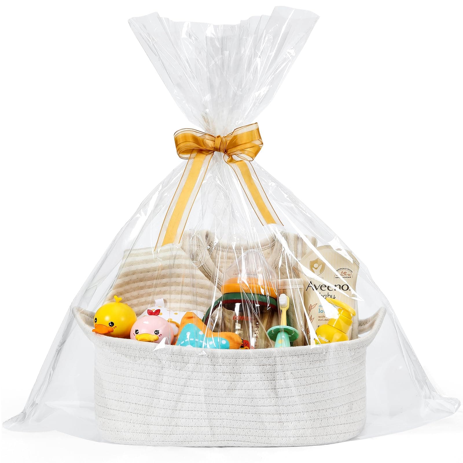 Rectangle Woven Basket with Gift Bags and Ribbons, Empty Small Decorative Gift Chest Box, 12"x 8"x 5", Cute Baby Gift Basket for Nursery, Cotton Rope Room Shelf Storage Basket with Handles, 1 Pack