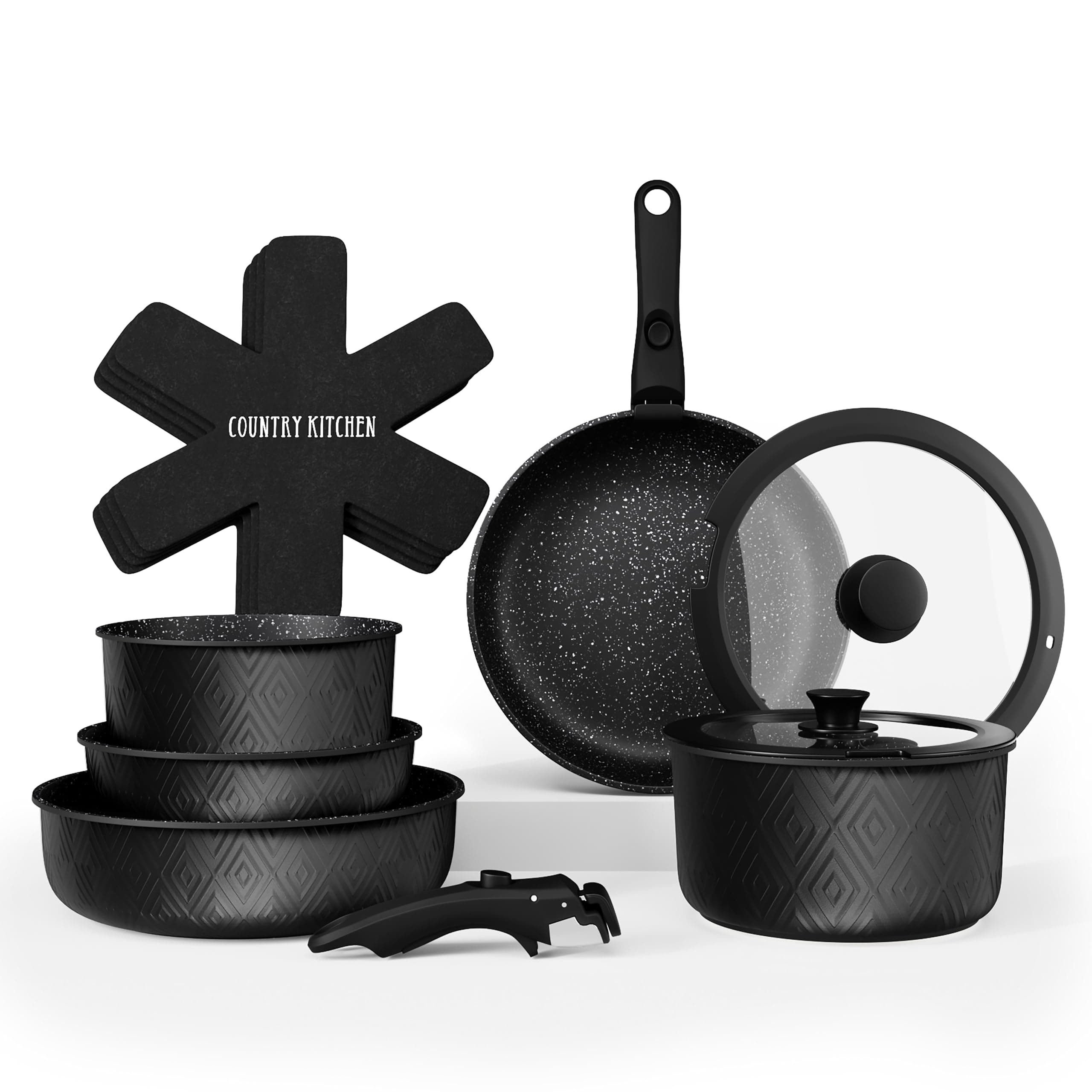 Country Kitchen Cookware Set with Removable Handle, Oven & RV Safe Pots and Pans Set, Black Rhombus, Original