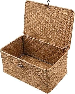 Esoes Wicker Storage Basket Woven Rattan Storage Box With Lids Seagrass Laundry Baskets Makeup Organizer For Bathroom, Living Room, Kitchen (XXL)