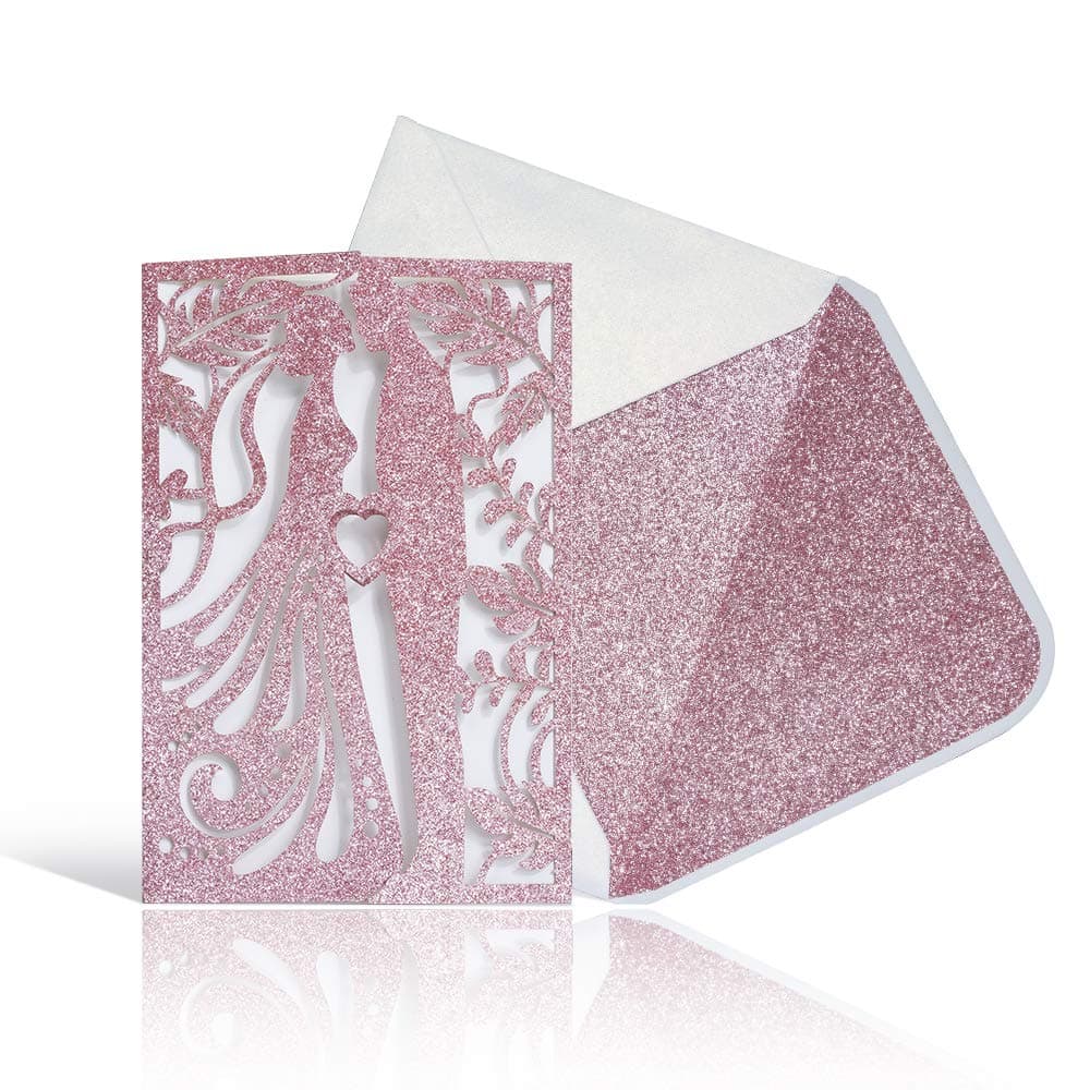 Laser Cut Wedding Invitations with Envelopes -25pcs 4.7"*7" Kiss Lover Wedding invites Cards Kit With Printable Inner Sheet,white+Pink Glitter Envelopes for Wedding Anniversary