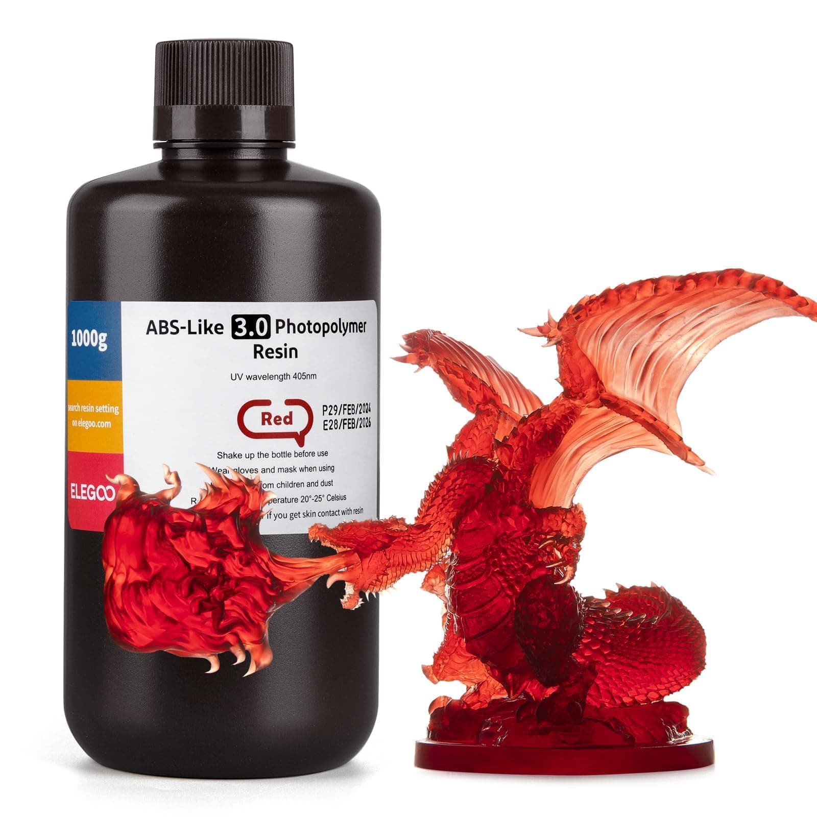 ELEGOO ABS-Like 3D Printer Resin 3.0, 405nm UV Cured Photopolymer Resin for LCD/DLP 3D Printing, Enhanced Strength and Toughness, High Precision, Low Viscosity, Clear Red 1000g