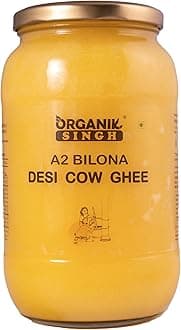 Organik Singh A2 cow Desi Ghee – 1 LITRE | Made using Vedic Bilona Method | A2 Certified | Curd – Churned A2 cow ghee | Grass-fed Desi cow ghee | Lab Tested | Packed in Glass Jar