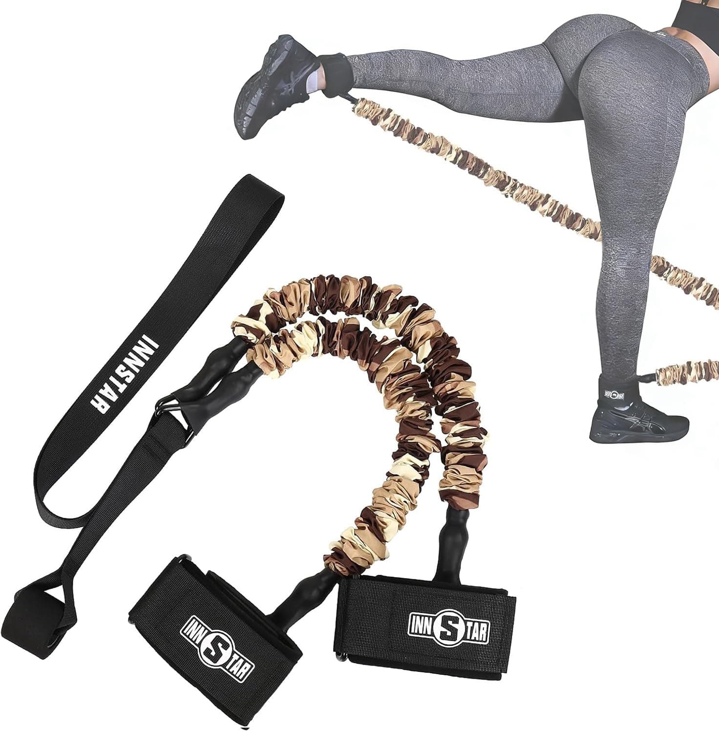 INNSTAR Booty Resistance Band Glute Cord Cable Machine for Hip Home Workout Cable Kickbacks with Instructions & Carry Bag