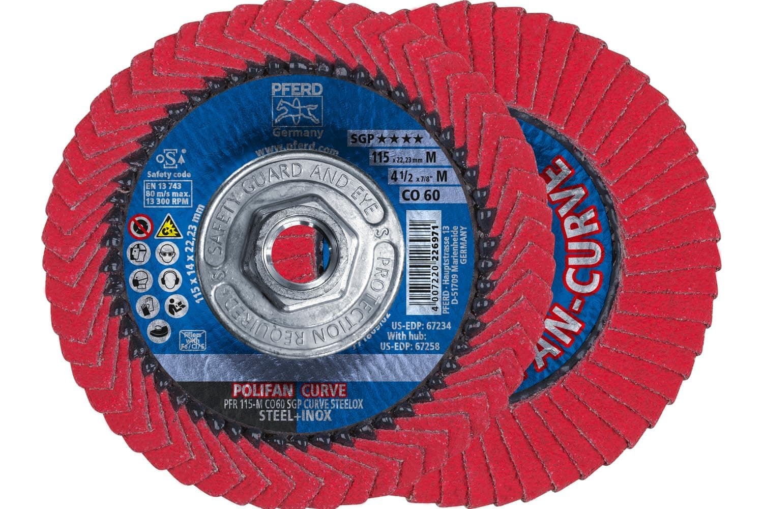 PFERD 67258 POLIFAN®-Curve Radial Type Flap Disc - Ceramic Oxide, 4-1/2" Diameter, 5/8-11 Thread, 13300 RPM, 60 Grit Welding Accessory and Angle Grinder Attachment