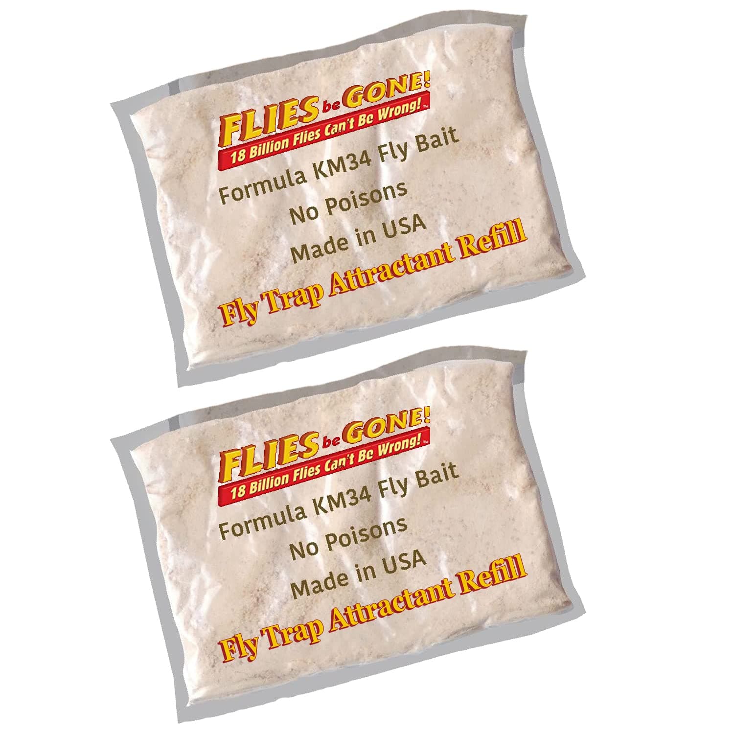 Flies Be Gone - Original KM34 Fly Trap Attractant (2 Pack)- Natural, NO POISONS, Non Toxic Replacement Packets for Barrel, Monster Screw Tops and All Brands of Fly Traps