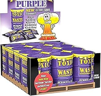 Toxic Waste Drums Hazardously Sour Candy Sweets - 12x Drums: 5 Sour Flavours (Purple Drum: Grape, Blackberry, Blueberry, Blackcurrant and Black Cherry)