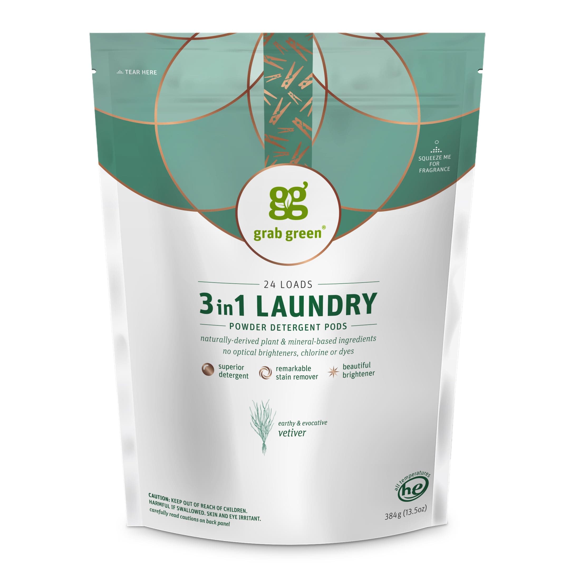 Grab Green 3-in-1 Laundry Detergent Pods, 24 Count, Vetiver Scent, Plant and Mineral Based, Superior Cleaning Power, Stain Remover, Brightens Clothes