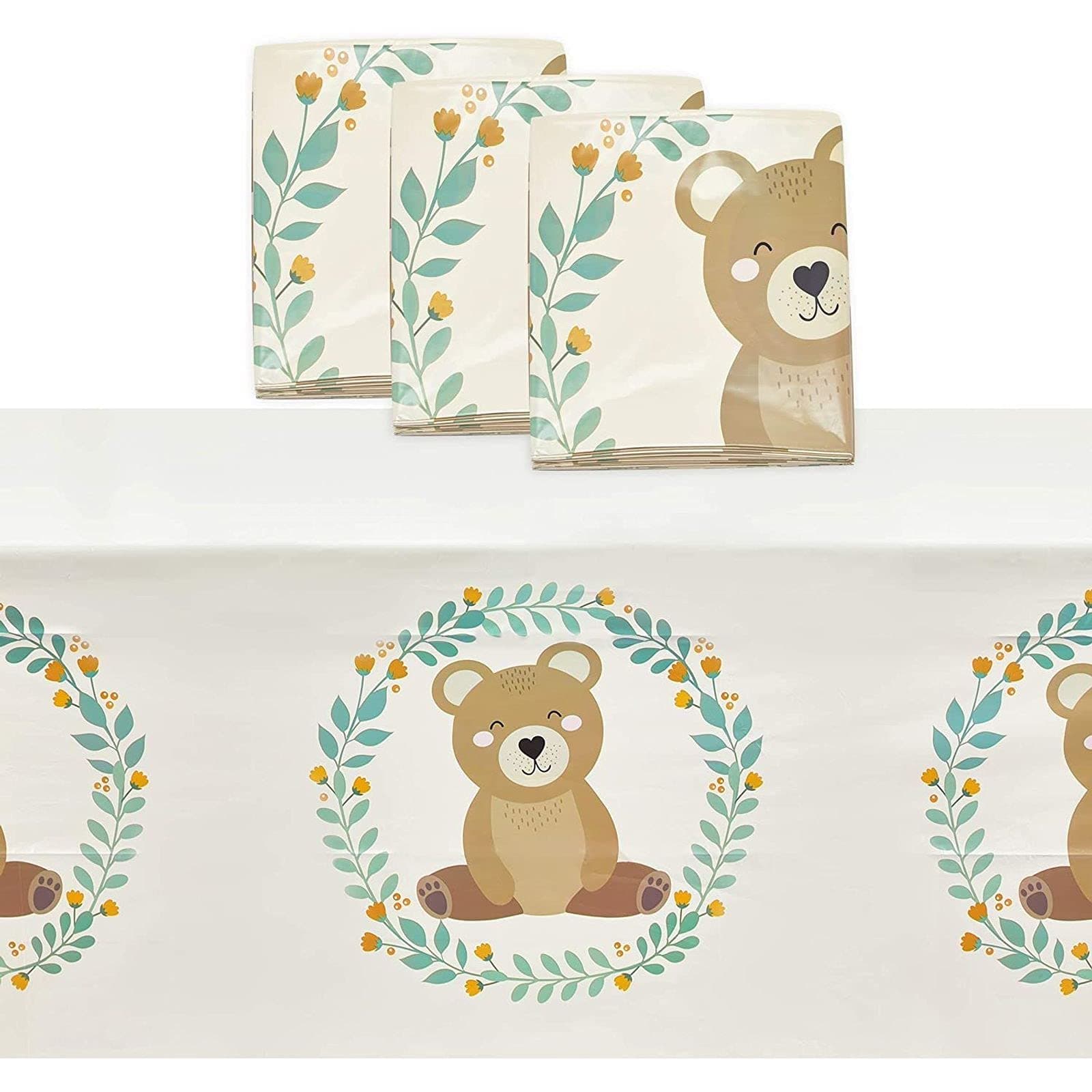 Sparkle and Bash Bear Plastic Tablecloth for Boy Baby Shower Decorations (54 x 108 in, 3 Pack)