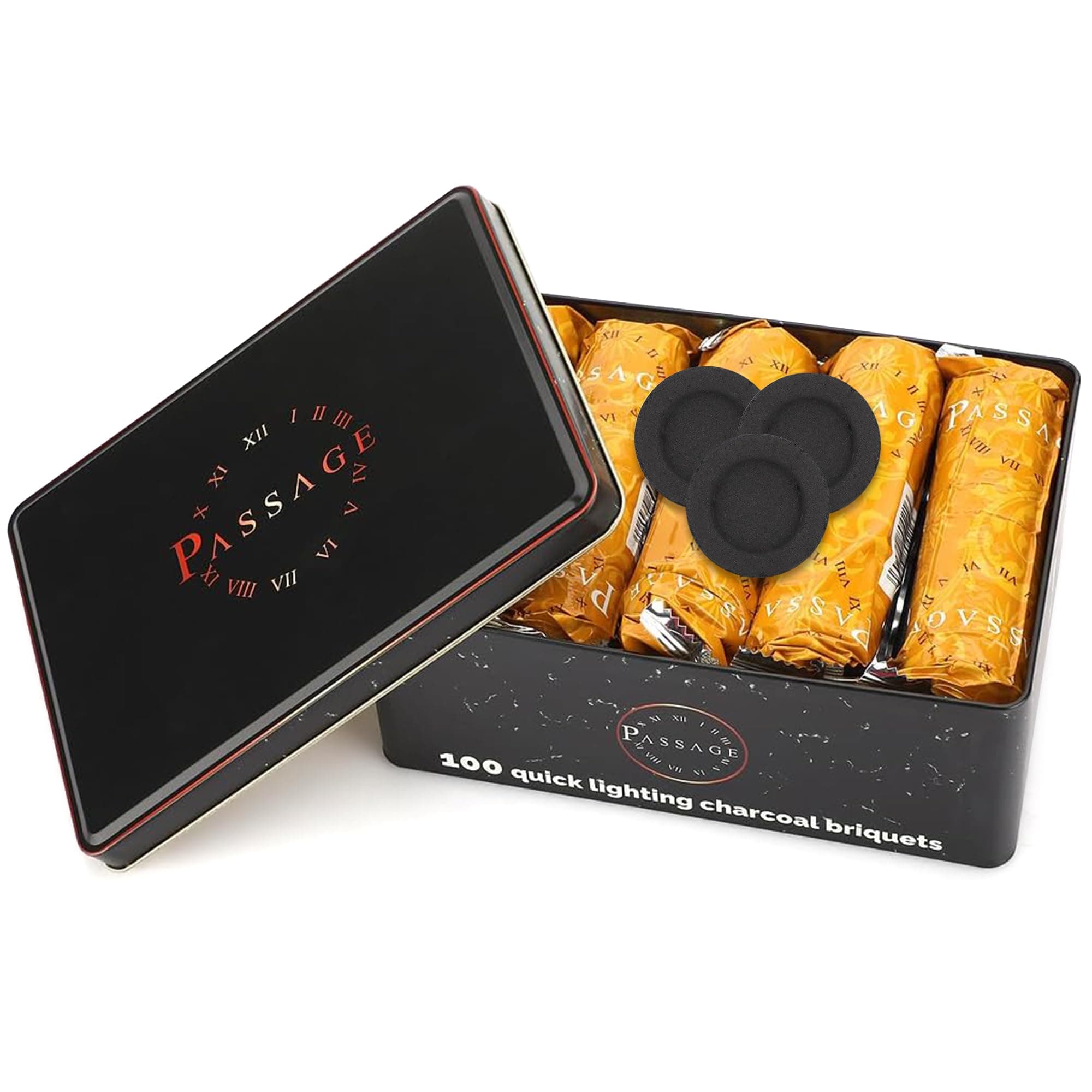 PASSAGE Charcoal Premium Bakhoor/Oud Quick Lighting Medium Briquets | Metal Box | 100 Pieces | SIZE 33mm | BURNING TIME 45 MINUTEs | Ideal for Incense/Oud | Best For Living Rooms & Bed Rooms
