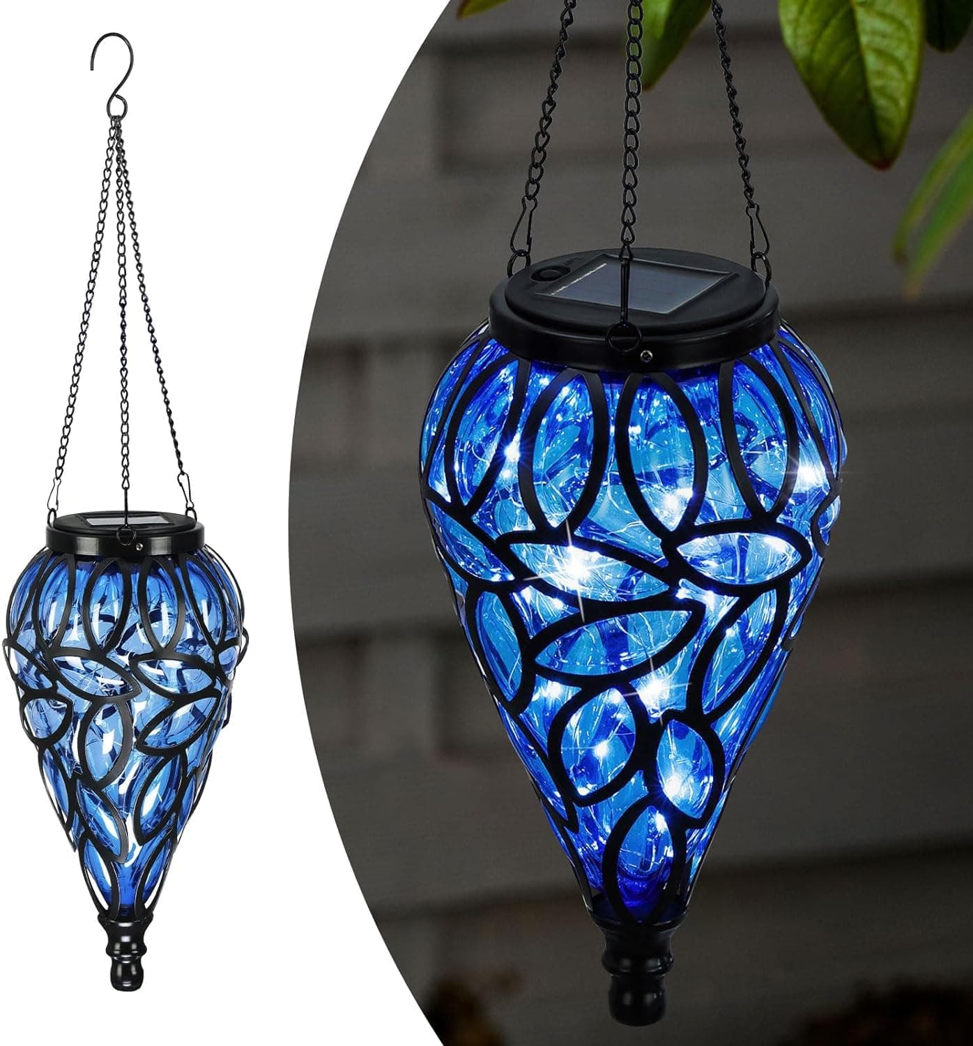 Taylor & Brown Solar Hanging Lantern - Decorative Handblown Plastic Teardrop Hanging Lantern Light with 15 LED Lights for Outdoor, Garden, Patio, Yard, Pathway (Blue)
