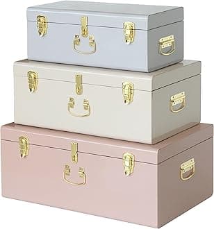 - Vixdonos Decorative Box Set of 3 Metal Trunks Chest with Safety Lock Clasp for Treasure Organization and Home Dorm Decor,26.8x16.5x11Inches