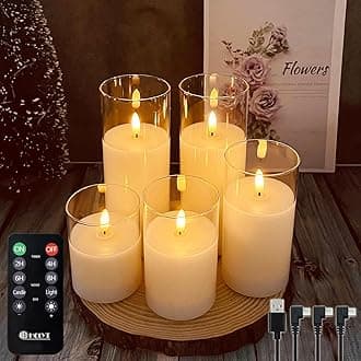 Rechargeable Flameless Candle, Flashing LED Pillar Real Wax Candle with Remote Control and Timer, Teardrop Wick, Clear Glass Electronic Candles, 1 Set of 5