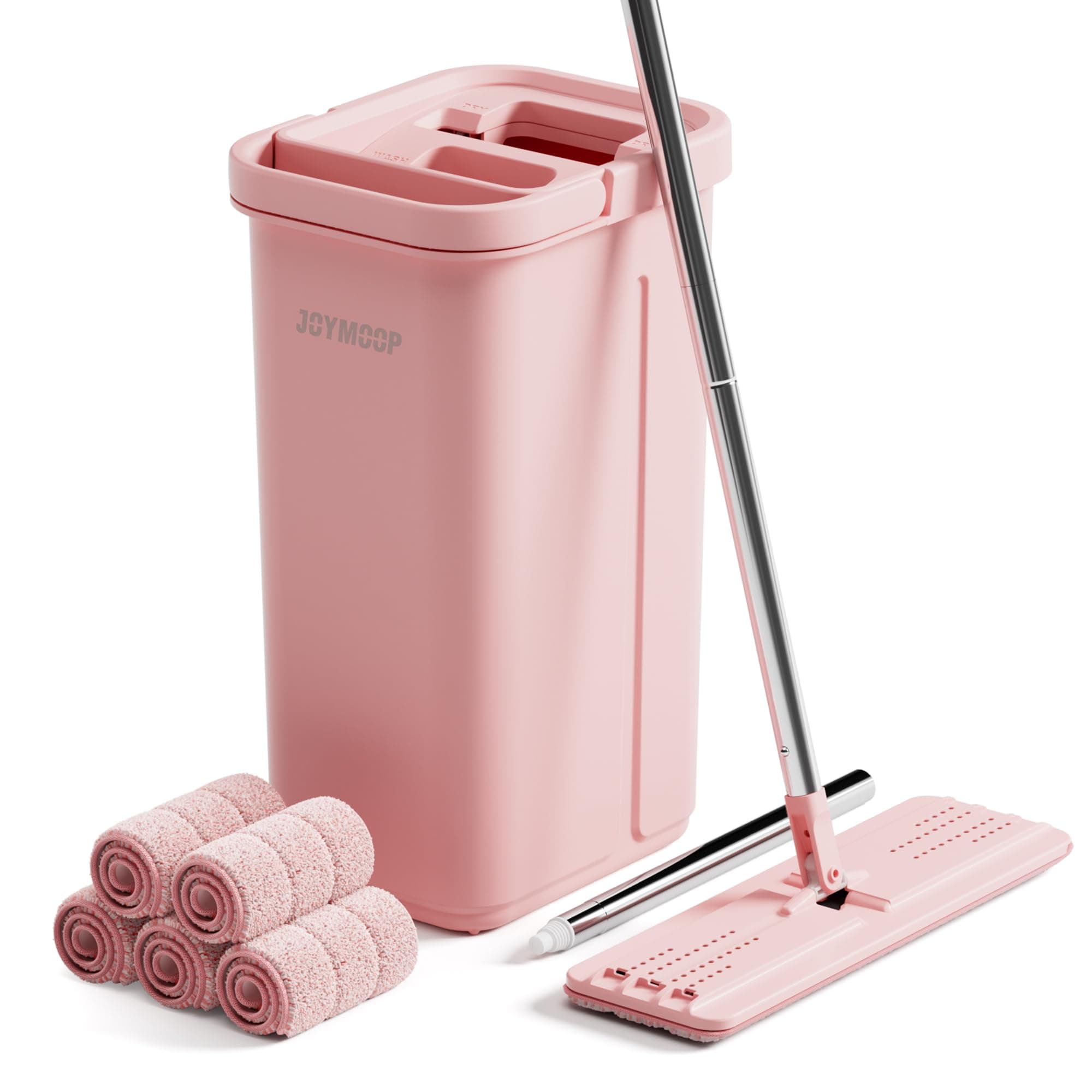 Mop and Bucket with Wringer Set, Hands Free Flat Floor Mop and Bucket, 60" Mop with 5 Reusable Microfiber Pads, Wet and Dry Use, Floor Cleaning System - Pink