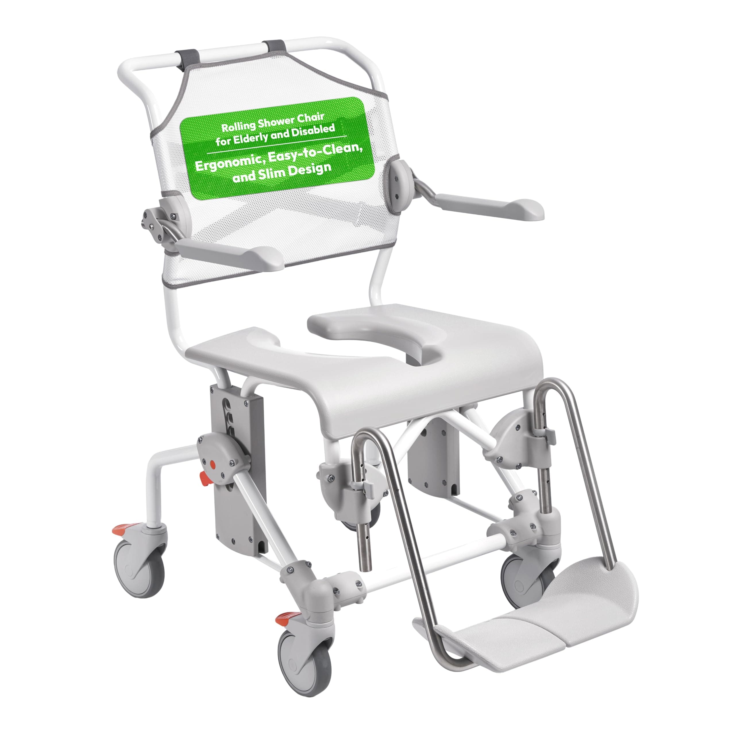 Swift Mobile-2 Shower Commode Chair - Rolling Shower Chair for Elderly and Disabled, 353 lbs Weight Capacity - Bedside Commode with Adjustable Height, Armrests & Backrest - White