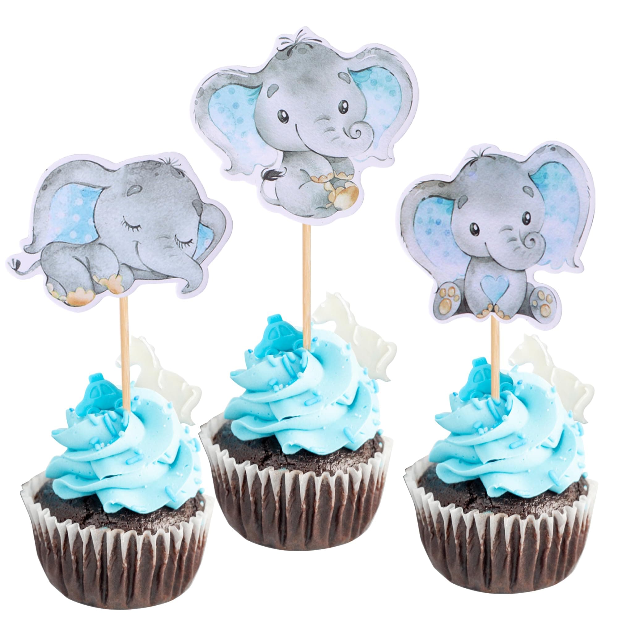 36 PCS Blue Elephant Cupcake Toppers It's a Boy Baby Shower Cupcake Picks for Elephant Theme Gender Reveal Baby Shower Kids Boys Birthday Party Cake Decorations Supplies