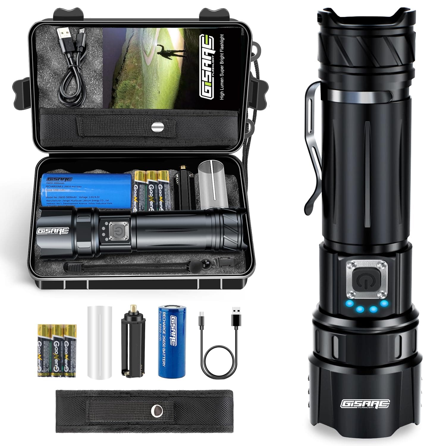 Gisaae Led Torch, Torches Led Super Bright 20000 Lumens, Type-C Rechargeable Torch, Flashlight with 5 Modes, Small, Powerful Torch Set, AAA Battery and Holster Low Level [Energy Class A+++]